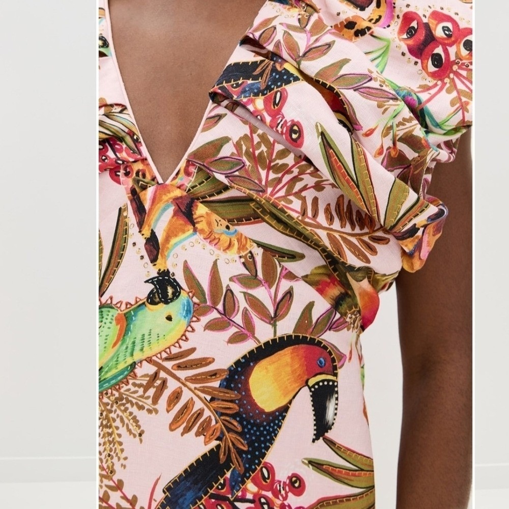 Farm Rio Maxi Dress Pink Tropical Bird Leopard Ruffle Sleeve V Neck M - Picture 5 of 14